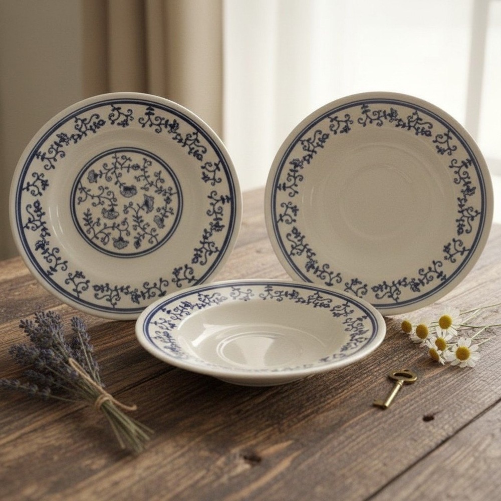 Vintage 1981 Homer Laughlin Sturbridge 2 Saucers/Bread Plate Blue/white *